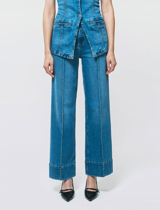 Jeans Gamba Larga con Vita Alta - Denim
