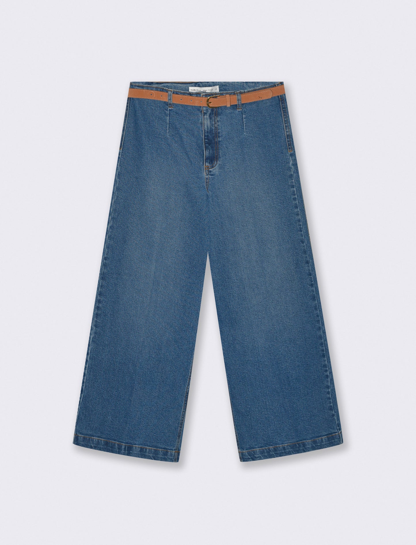 Wide Leg Jeans with Belt and Pockets - Blue