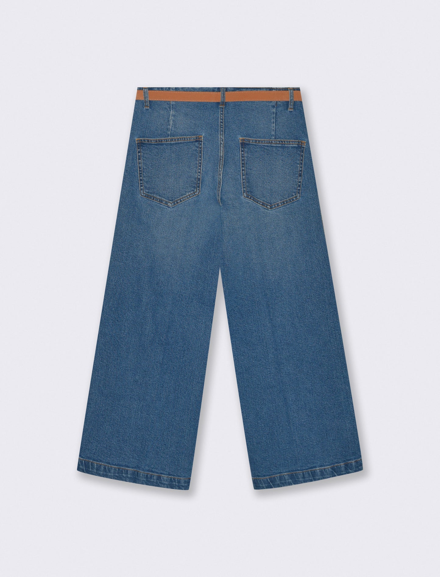 Wide Leg Jeans with Belt and Pockets - Blue