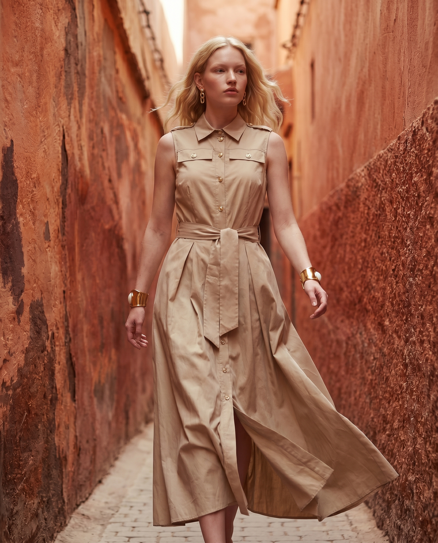 Abito lungo giromanica con cintura - Beige corda