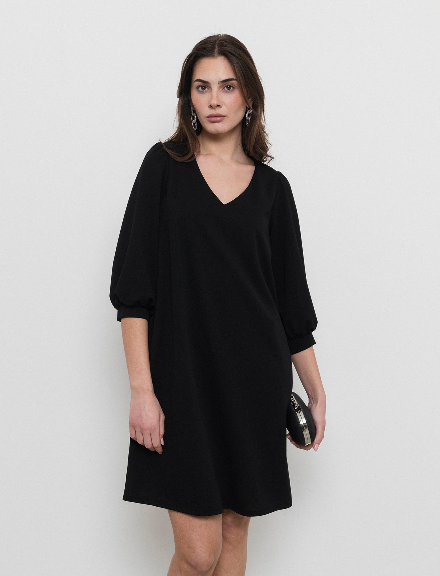 Vestito con maniche a sbuffo 3/4 e scollo a V - Nero