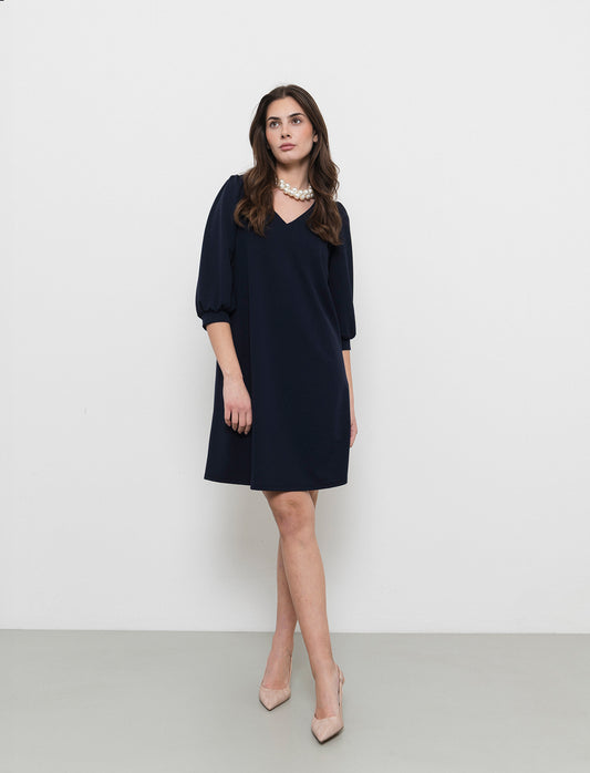 Vestito con maniche a sbuffo 3/4 e scollo a V - Blu