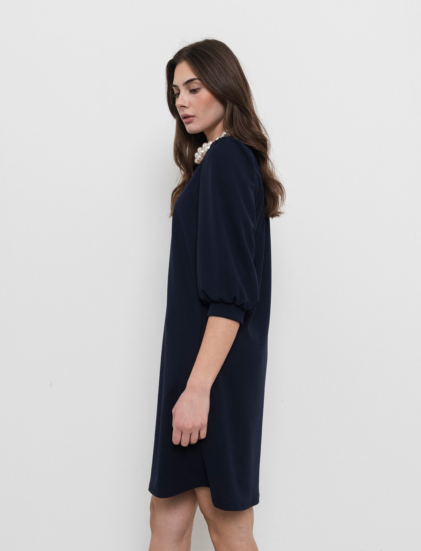 Vestito con maniche a sbuffo 3/4 e scollo a V - Blu
