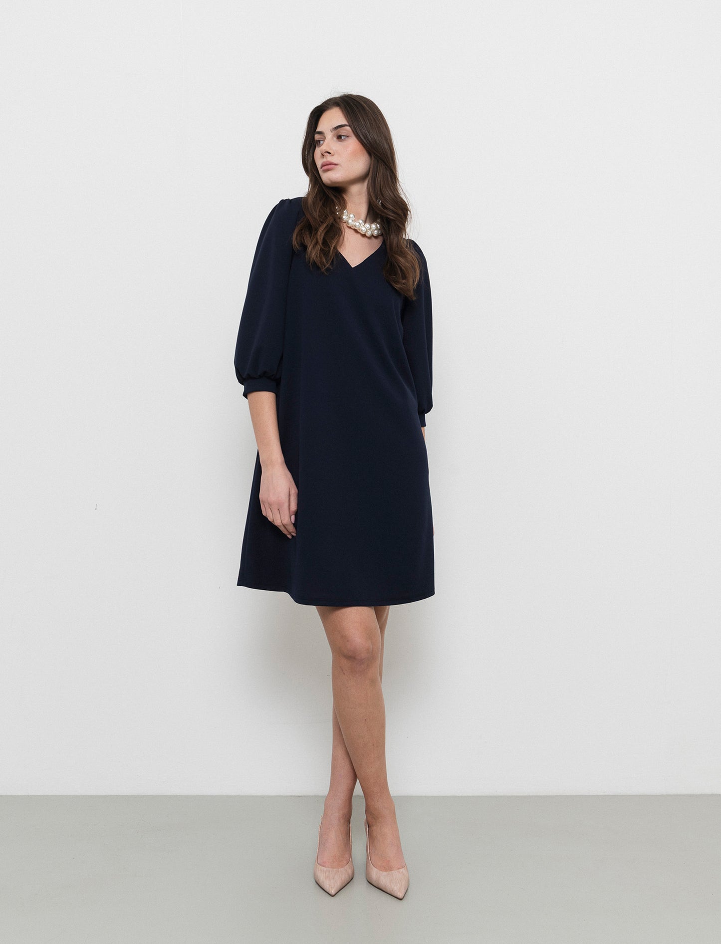 Vestito con maniche a sbuffo 3/4 e scollo a V - Blu