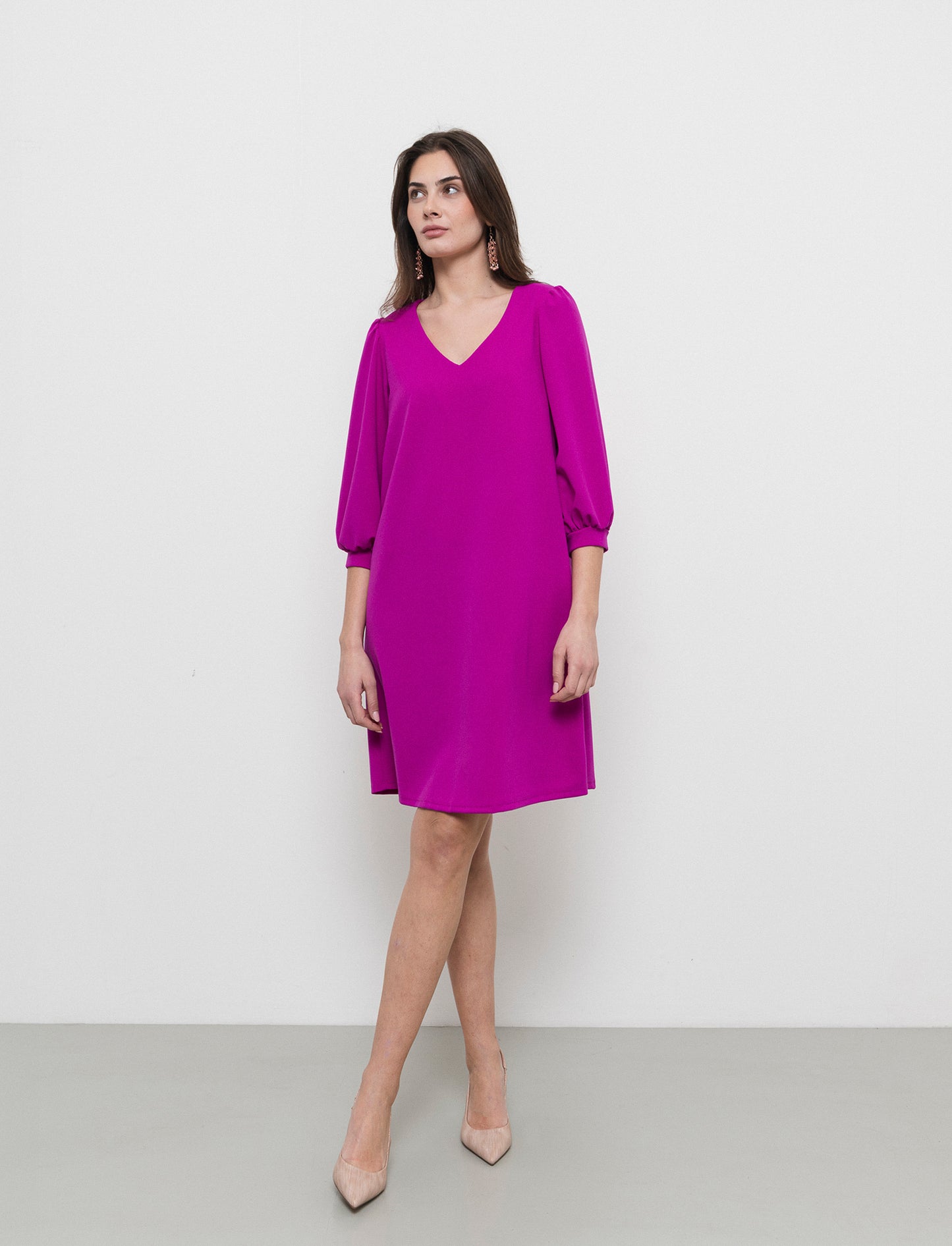 Vestito con maniche a sbuffo 3/4 e scollo a V - Fuxia