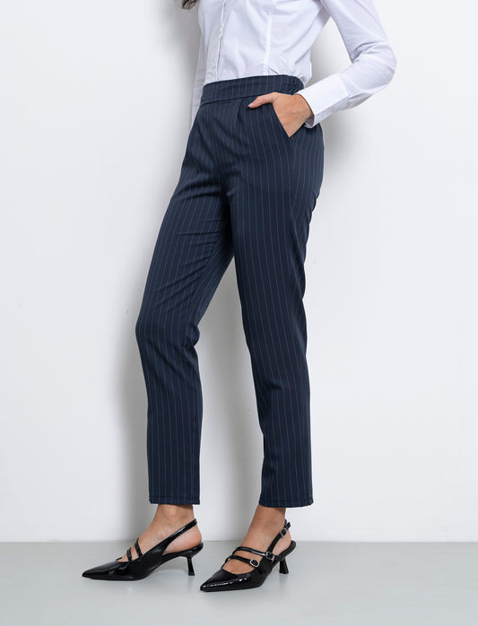 Pantalone in tessuto rigato con elastico al dietro - Blu