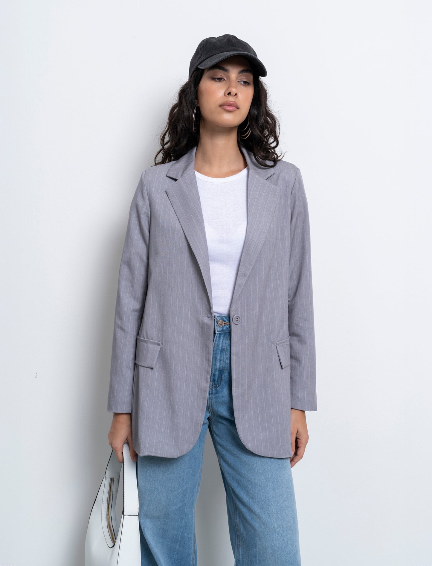 blazer in tessuto rigato con bottone sul davanti - Grigio chiaro