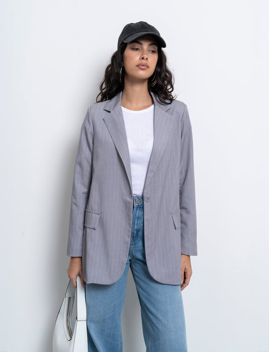 blazer in tessuto rigato con bottone sul davanti - Grigio chiaro