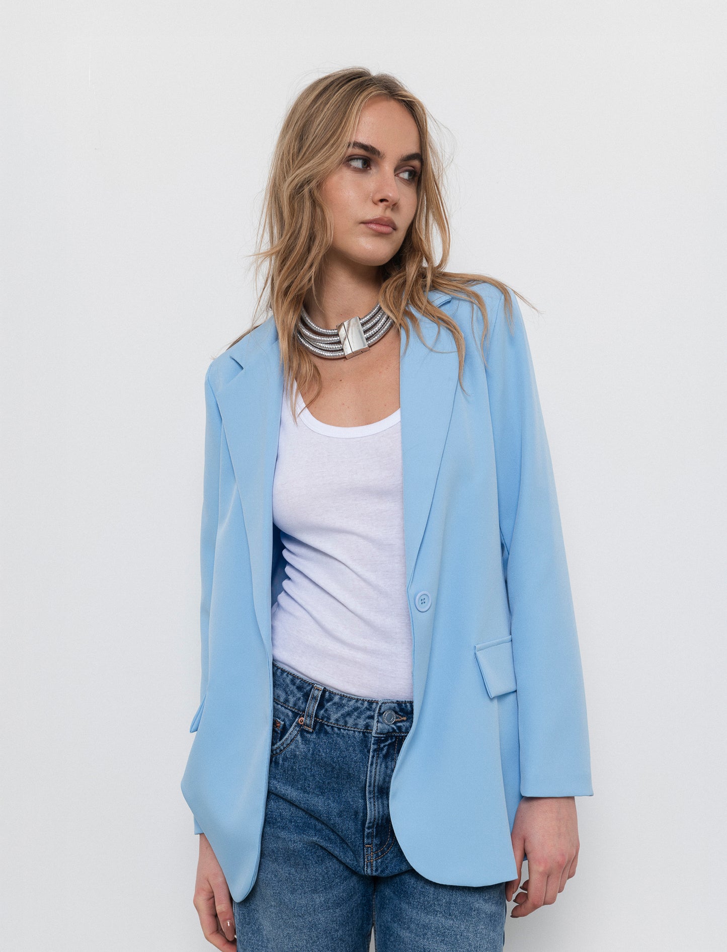 Blazer con collo revers e tasche con patta - Celeste