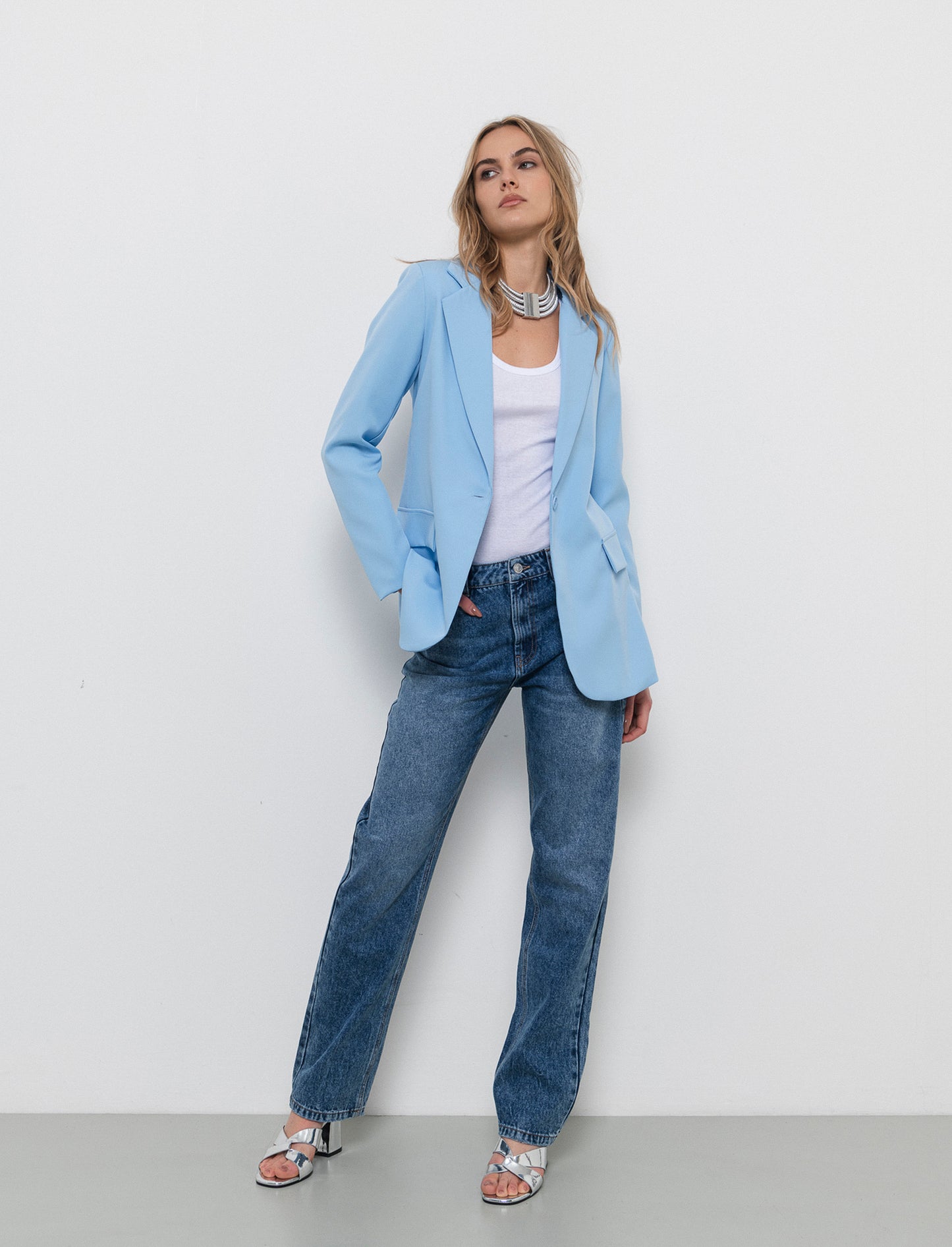 Blazer con collo revers e tasche con patta - Celeste