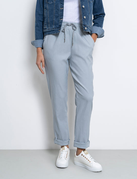Pantalone in tessuto elasticizzato con coulisse in vita - Grigio