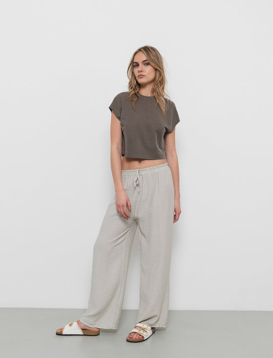 Pantalone con elastico e lacci in vita - Sabbia