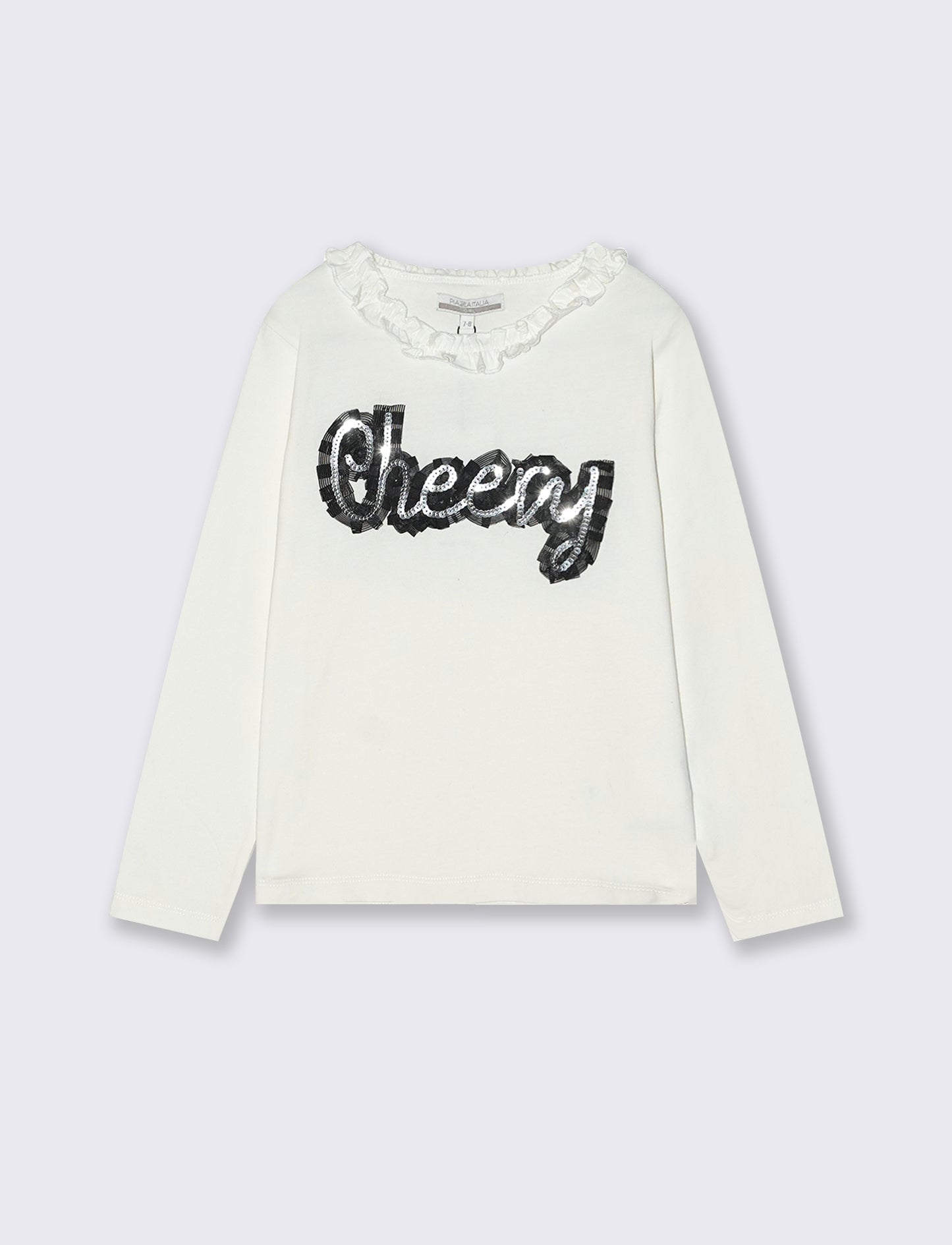 T-shirt manica lunga con scollo rouches e applicazione sul davanri, - Bianco latte