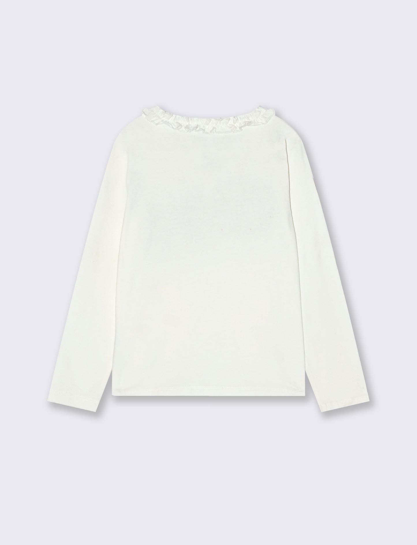 T-shirt manica lunga con scollo rouches e applicazione sul davanri, - Bianco latte