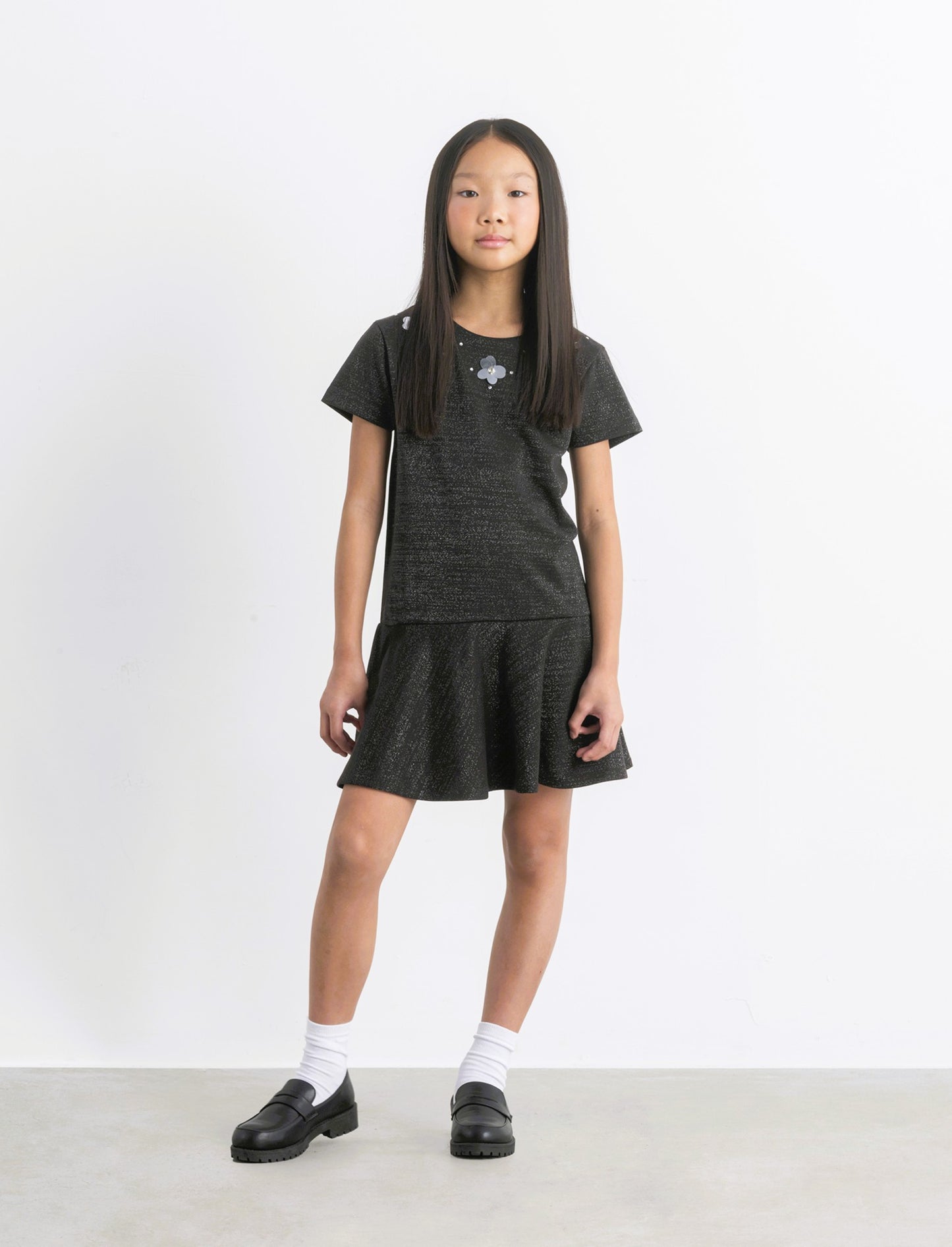 Vestito elegante da bambina in punto milano elastico con dettagli in fibra metallica. - Nero