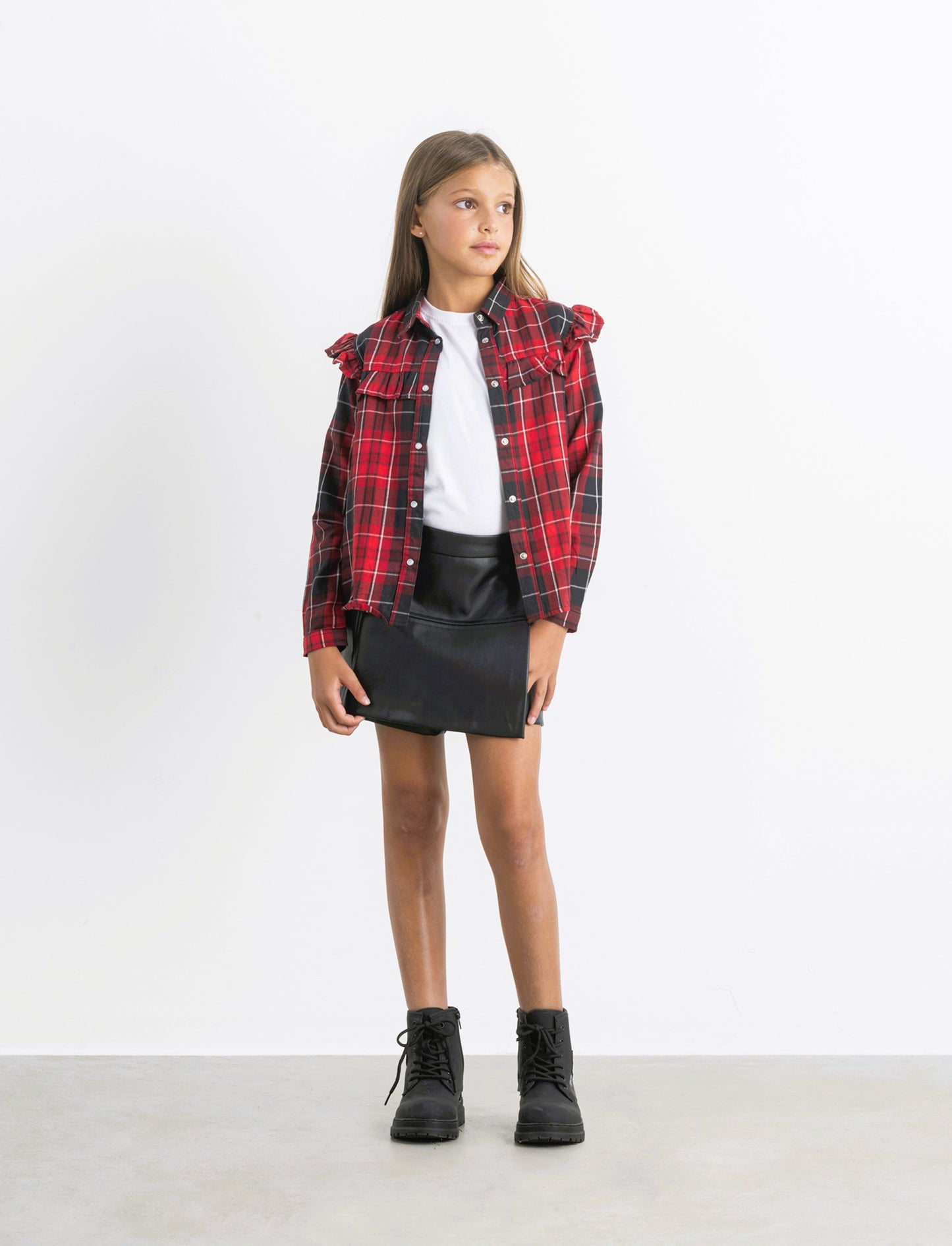 Camicia manica lunga in flanella con rouches. - Rosso