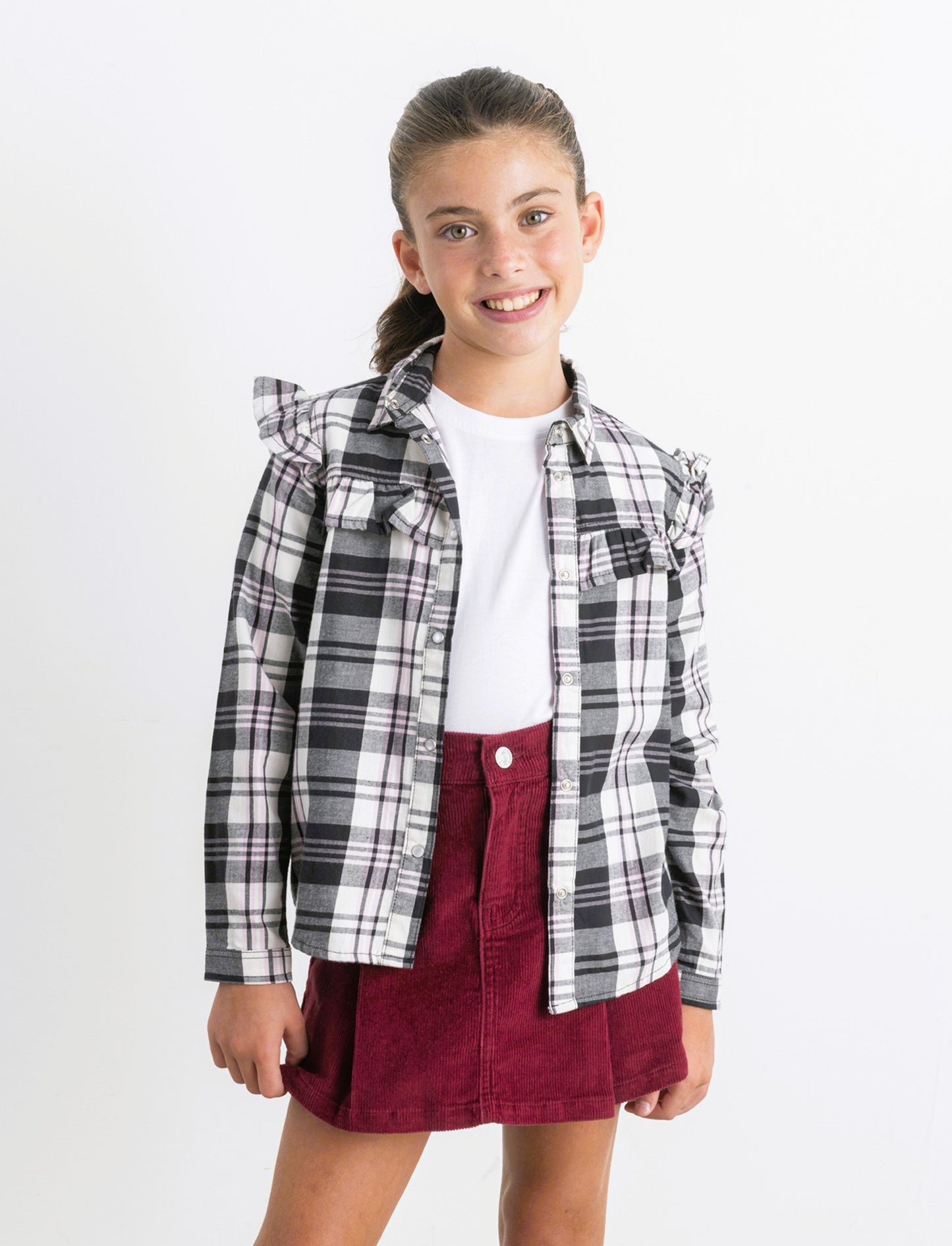 Camicia manica lunga in flanella con rouches. - Nero
