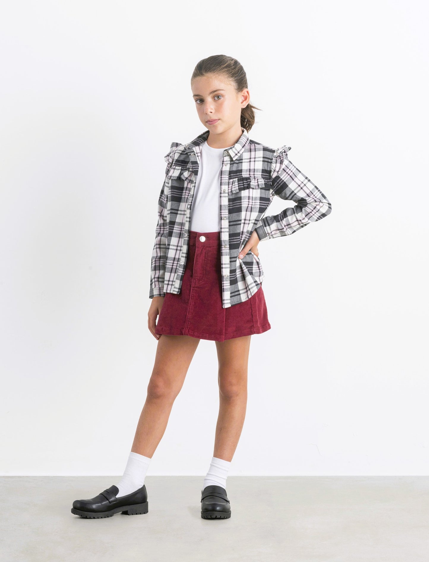 Camicia manica lunga in flanella con rouches. - Nero