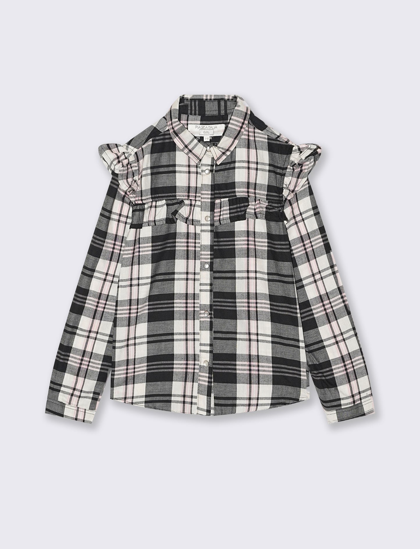 Camicia manica lunga in flanella con rouches. - Nero