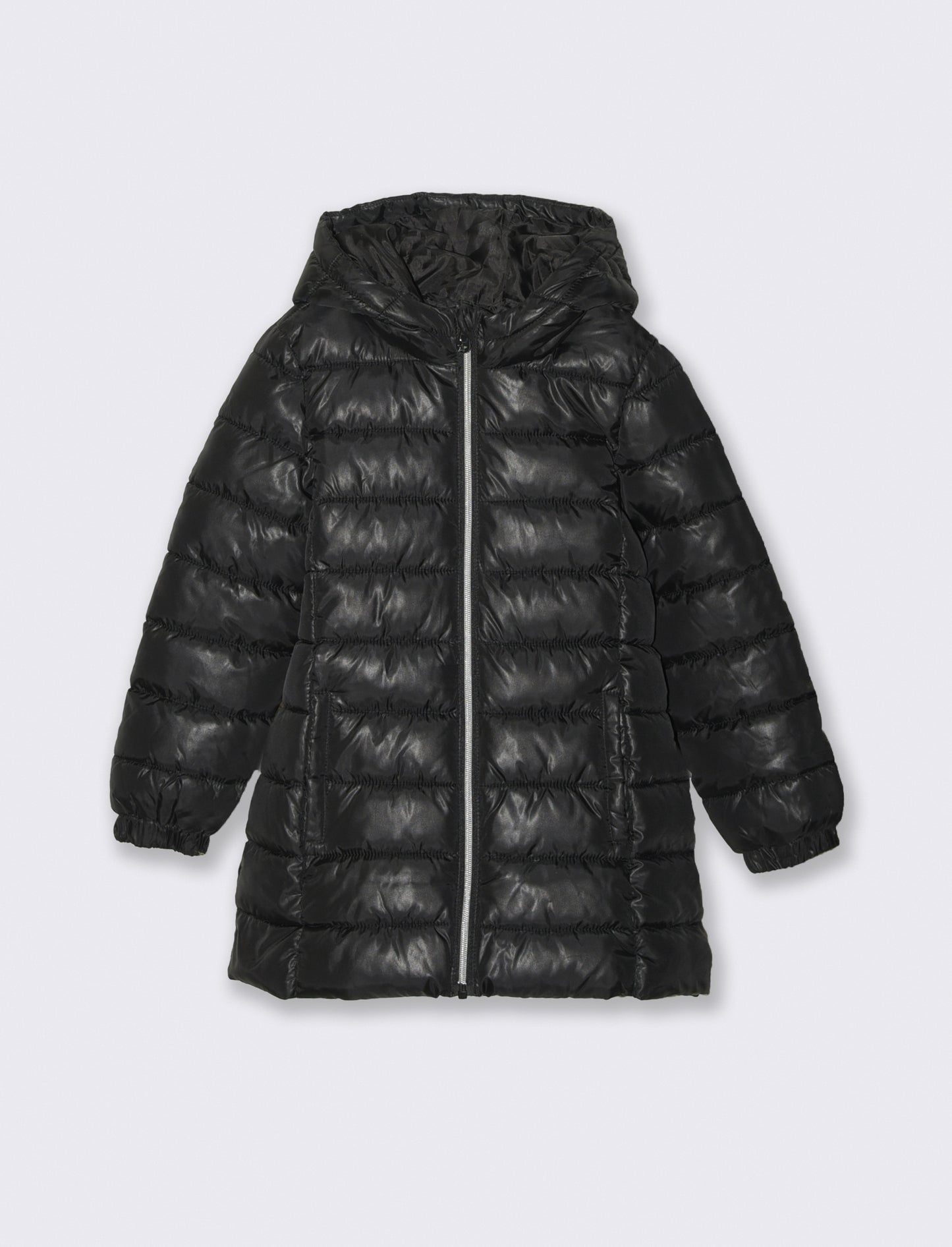 Giubbotto lungo imbottito modello basic con cappuccio - Nero