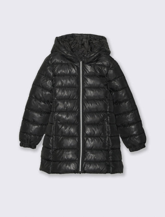 Giubbotto lungo imbottito modello basic con cappuccio - Nero