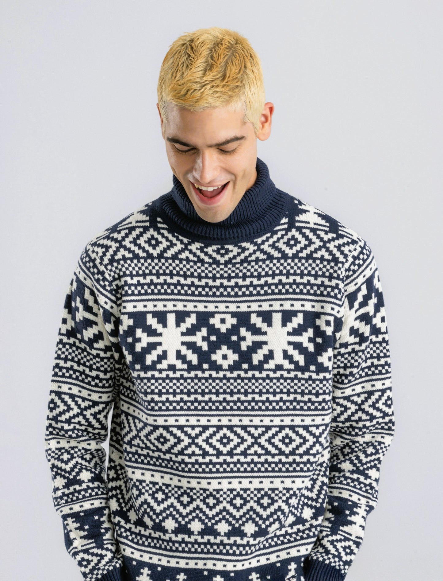 MAGLIA COLLO ALTO FANTASIA JACQUARD - Blu