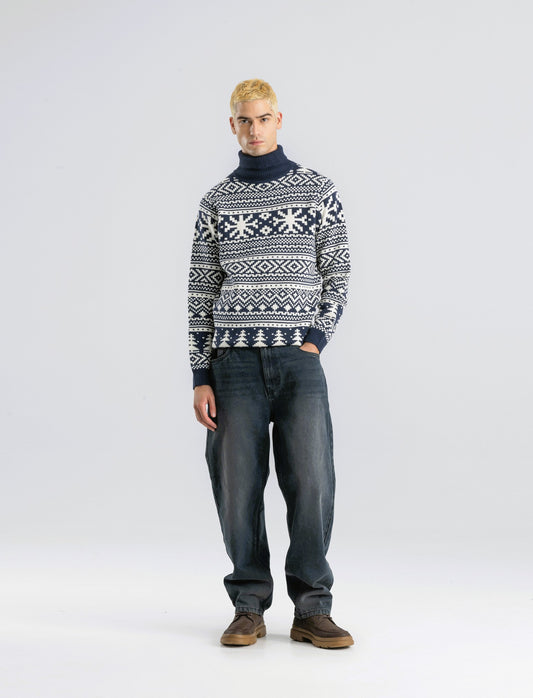 MAGLIA COLLO ALTO FANTASIA JACQUARD - Blu