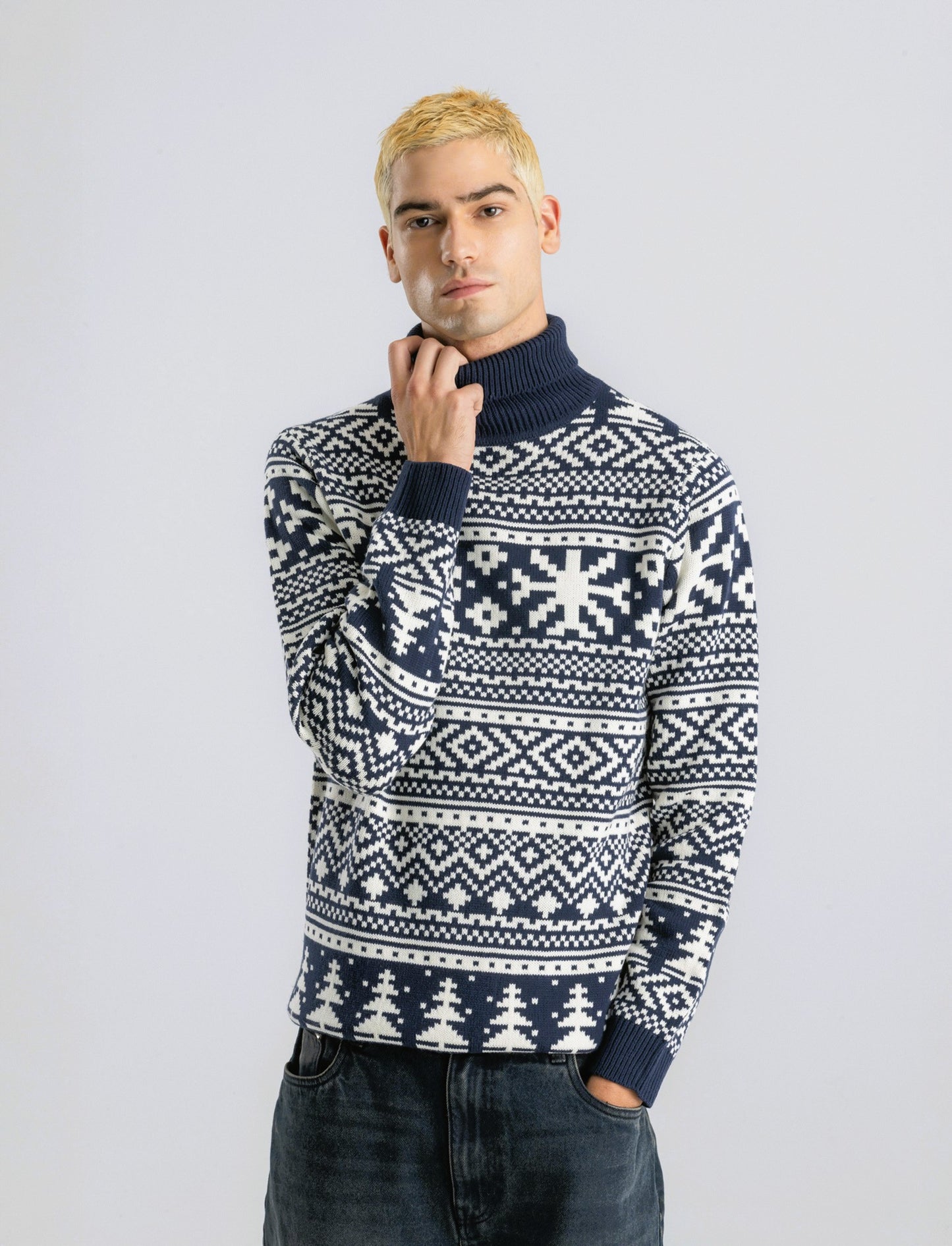 MAGLIA COLLO ALTO FANTASIA JACQUARD - Blu