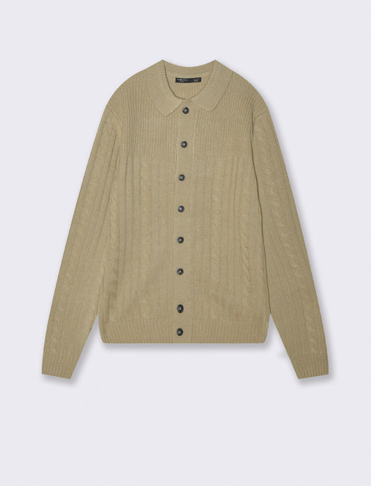 MAGLIA JACQUARD A TRECCE MODELLO POLO CARDIGAN - Beige
