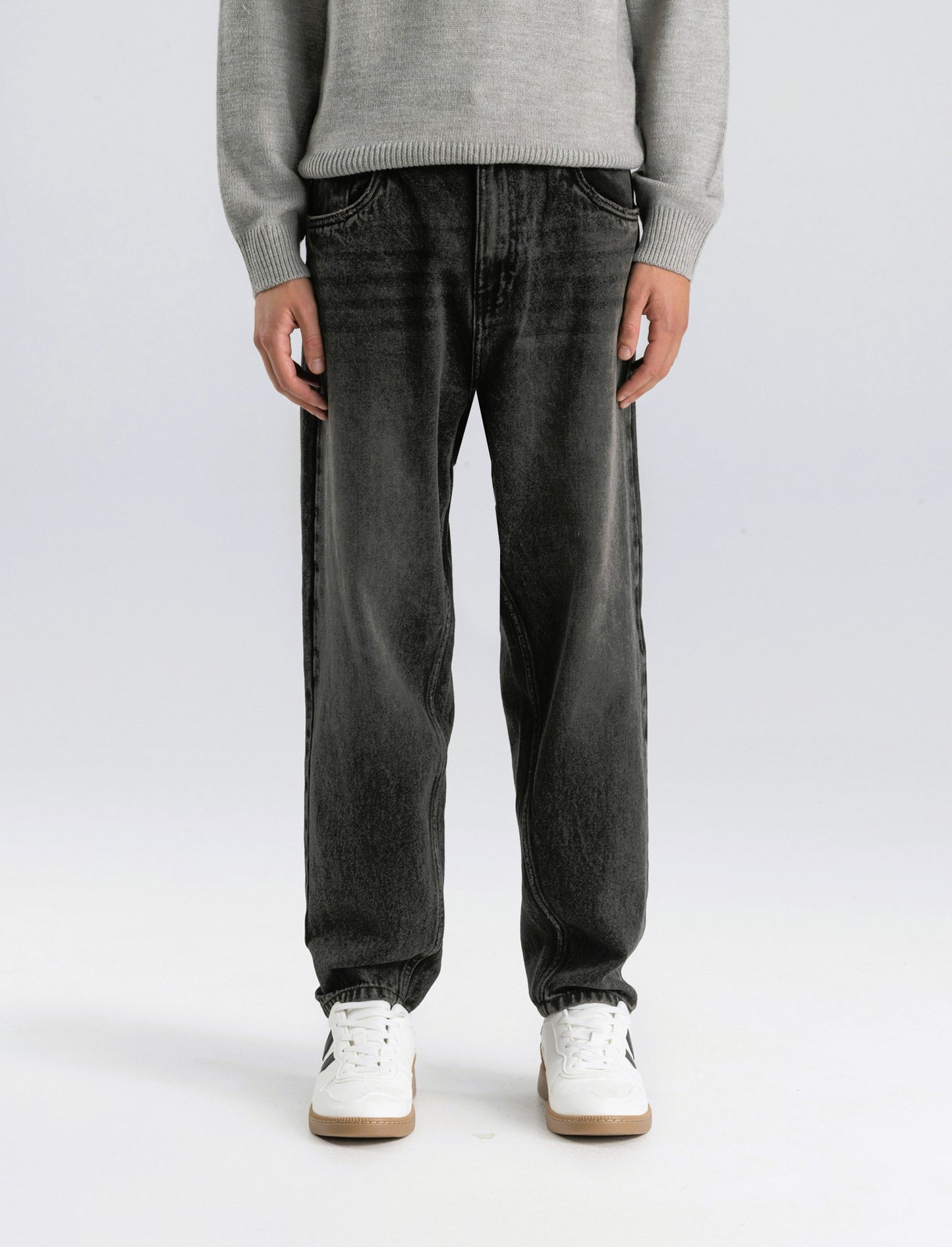JEANS DENIM NERO LOOSE FIT CON ABRASIONI - Nero