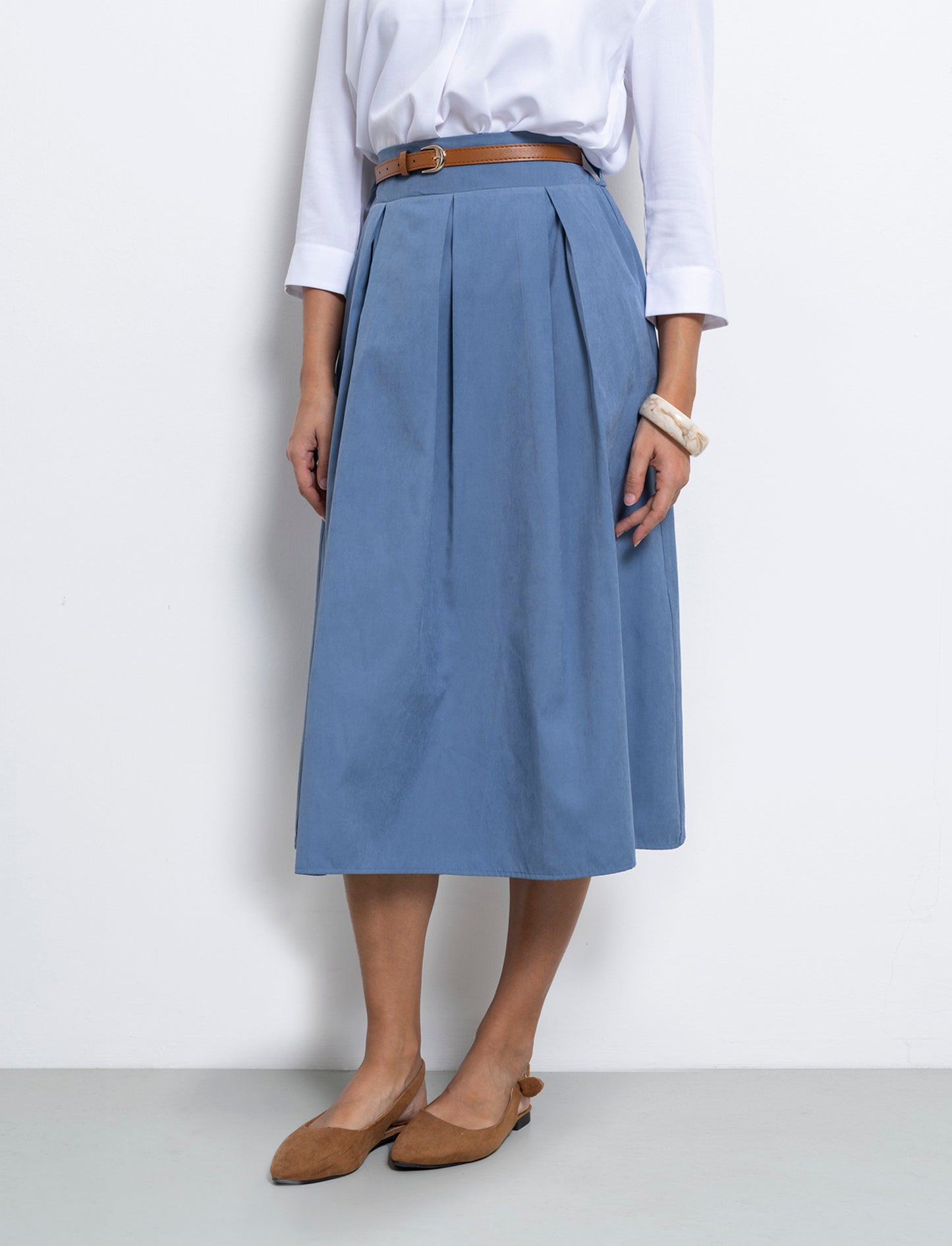Gonna in tessuto tecnico con cintura - Denim