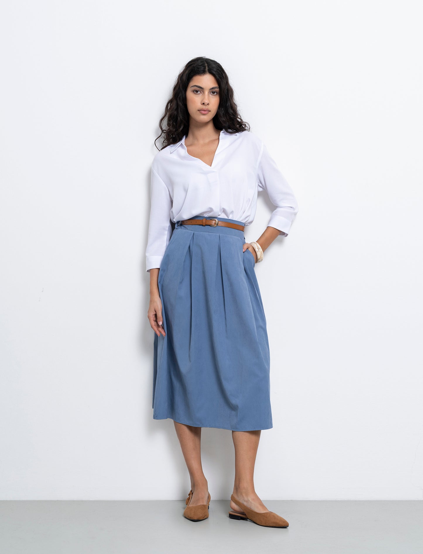 Gonna in tessuto tecnico con cintura - Denim