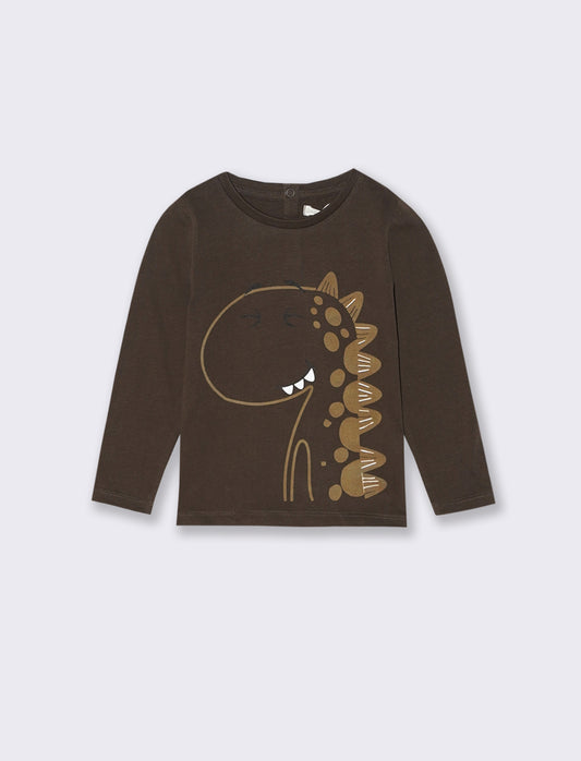 T shirt girocollo con dinosauro - Marrone