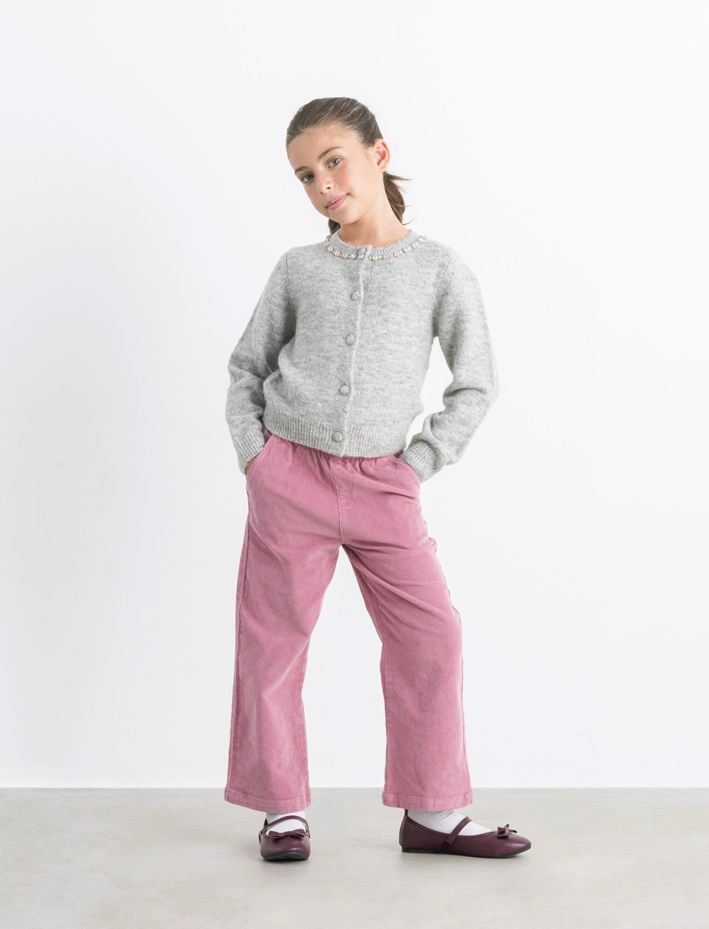 Pantaloni in velluto elastico a gamba larga. - Rosa cipolla