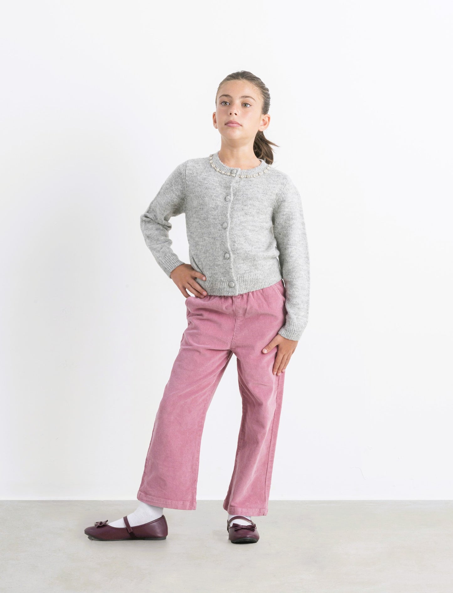 Pantaloni in velluto elastico a gamba larga. - Rosa cipolla
