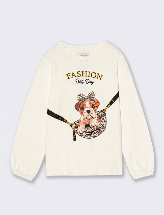 T-shirt manica lunga con stampa e accessori. - Bianco latte