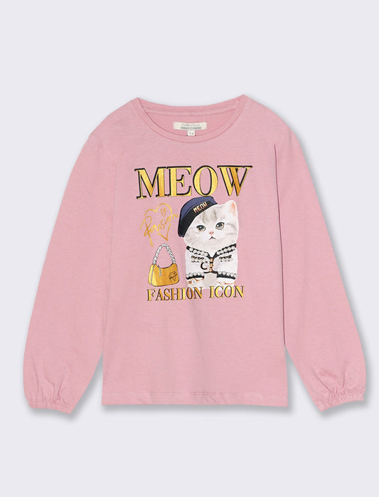 T-shirt manica lunga con stampa e accessori. - Rosa