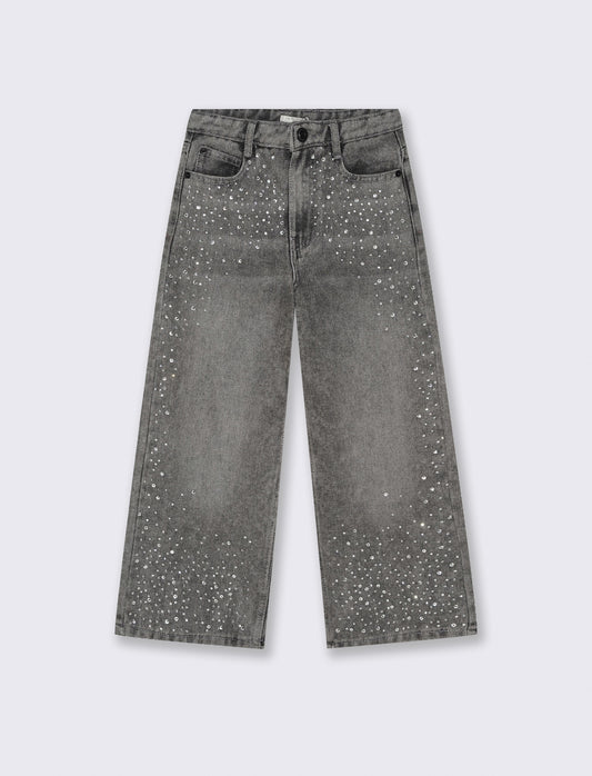 Jeans grigio gamba larga con strass. - Grigio