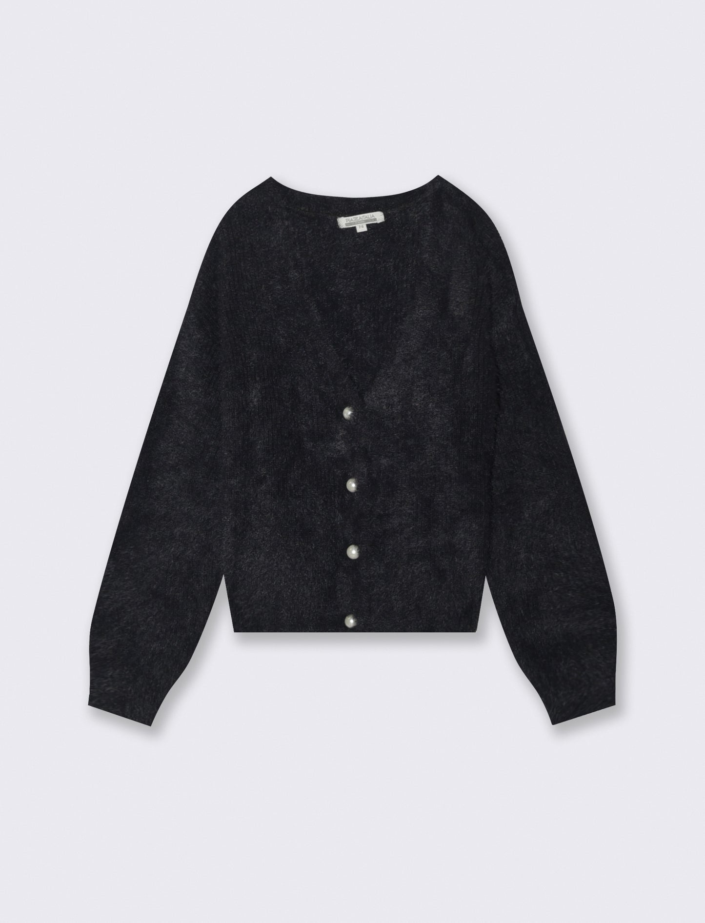 Cardigan in filato morbido con bottoni perlati. - Nero
