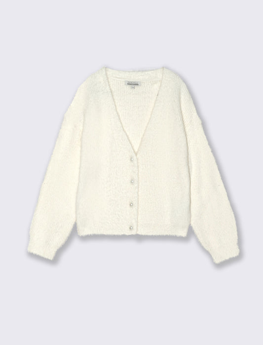 Cardigan in filato morbido con bottoni perlati. - Bianco latte