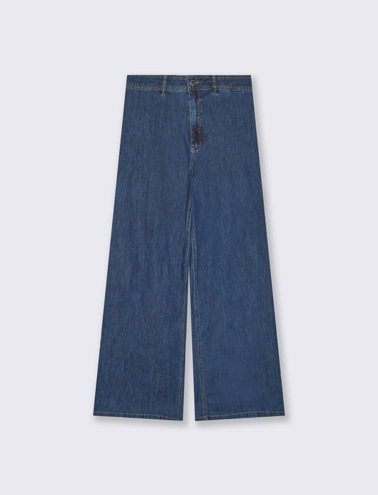 Jeans Gamba Larga con Vita Alta - Denim