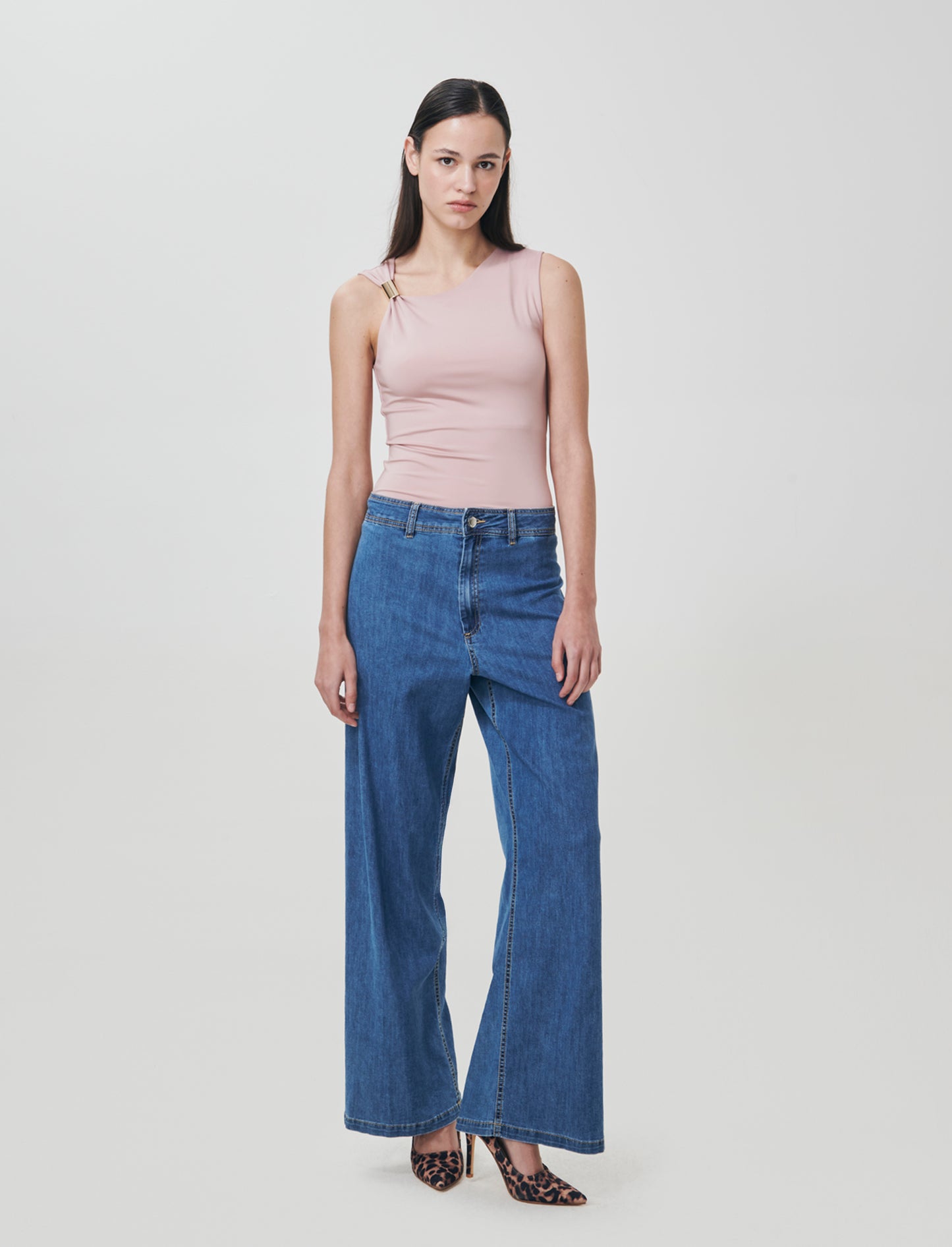 Jeans Gamba Larga con Vita Alta - Denim chiaro