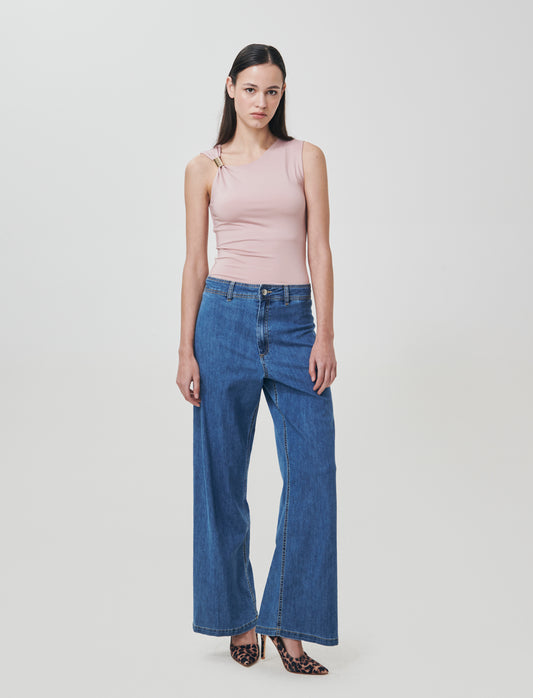 Jeans Gamba Larga con Vita Alta - Denim chiaro