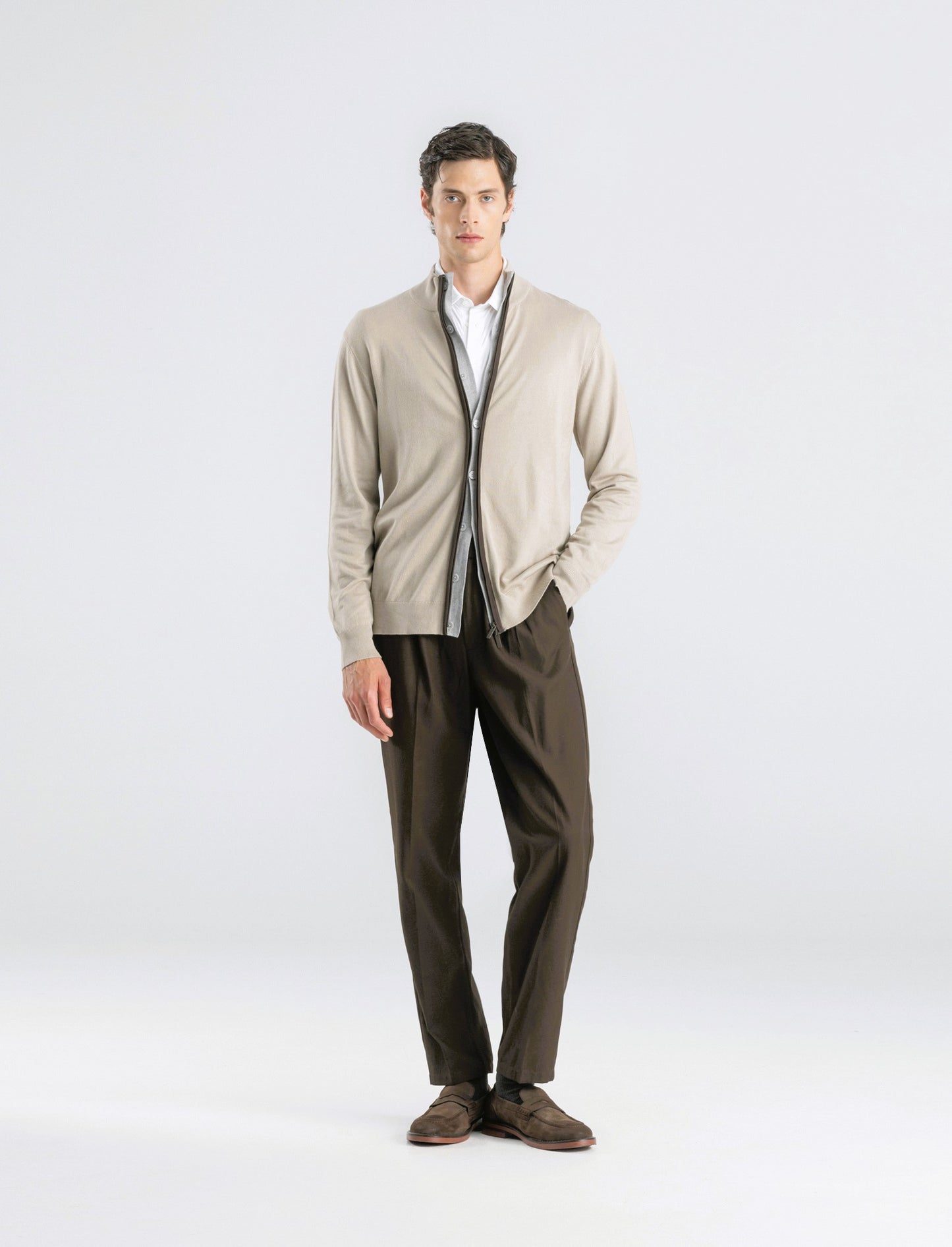 MAGLIA CARDIGAN CON BOTTONI E CERNIERA - Beige