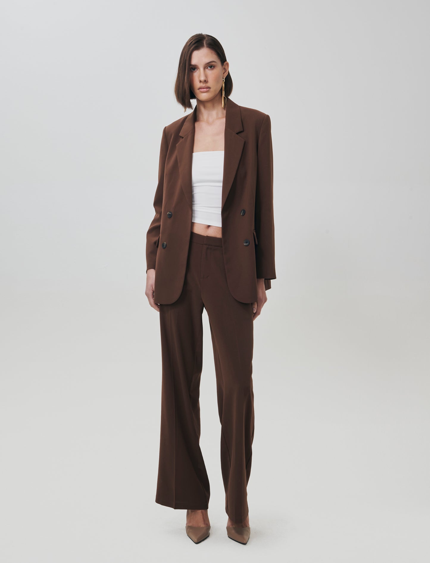 Wide Leg Trousers with Retro Pleats - Brown