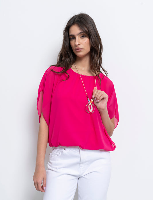 Casacca smanicata in tessuto leggero con collana - Fuxia