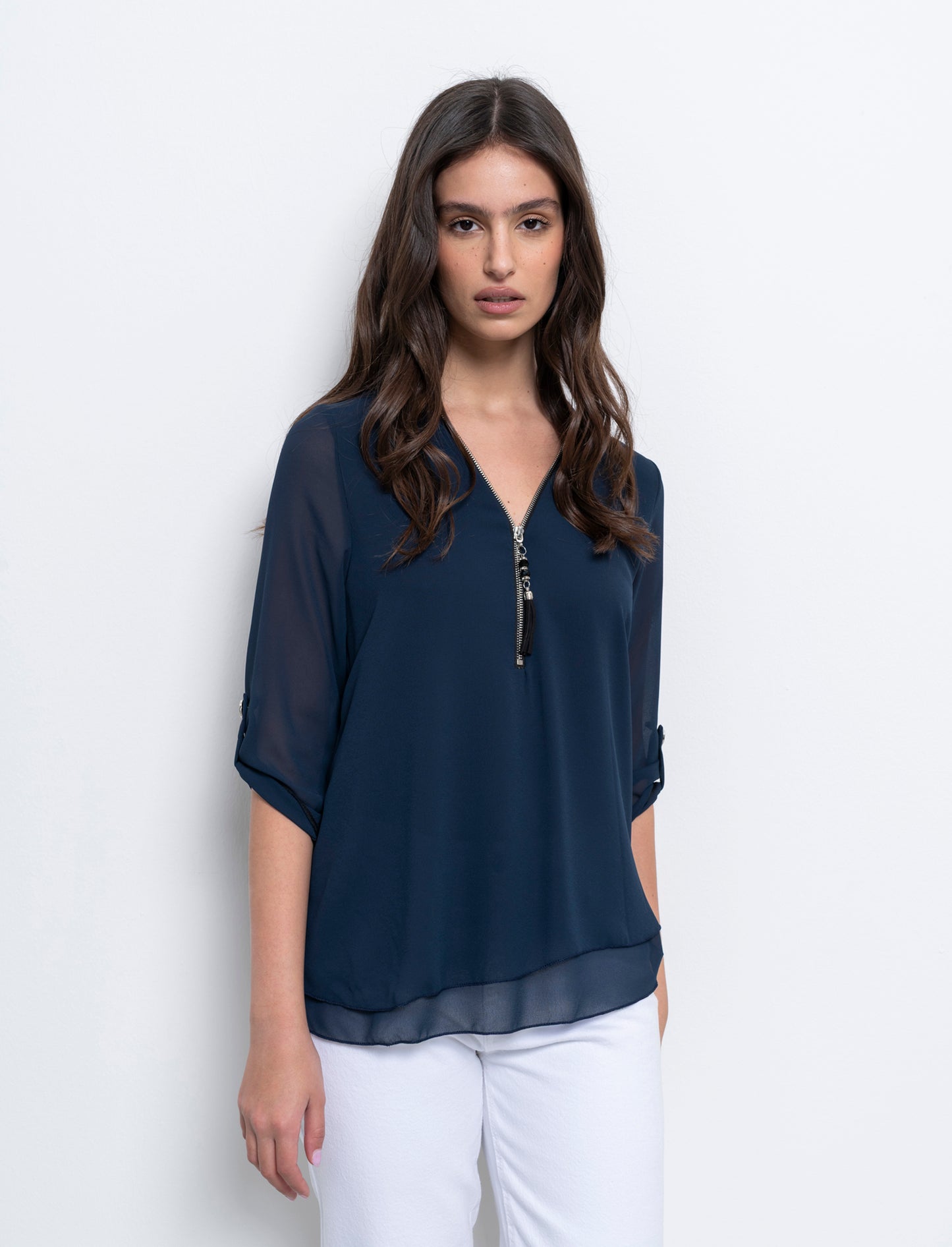 Casacca manica 3/4 con bottone e zip sul davanti. - Blu