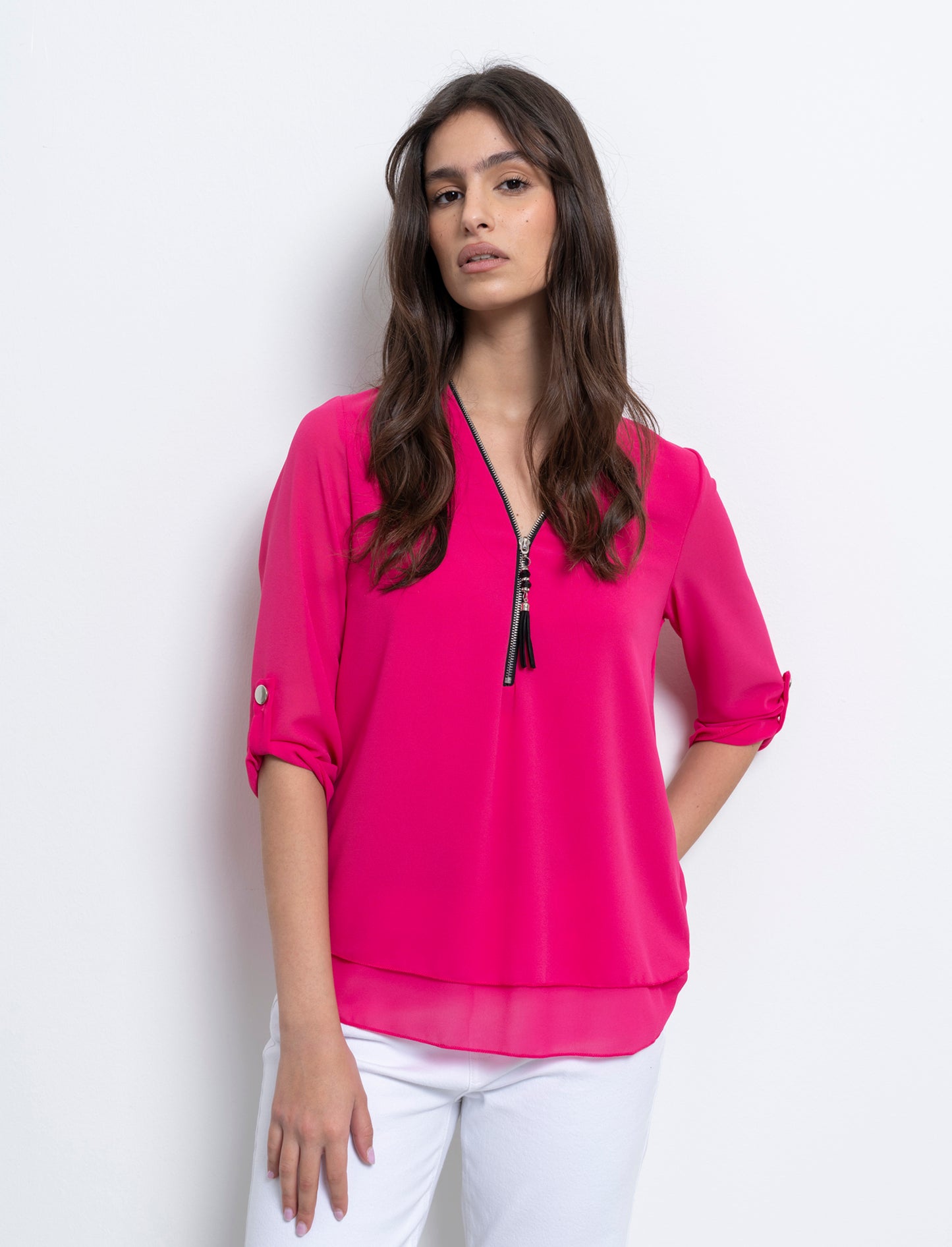 Casacca manica 3/4 con bottone e zip sul davanti. - Fuxia