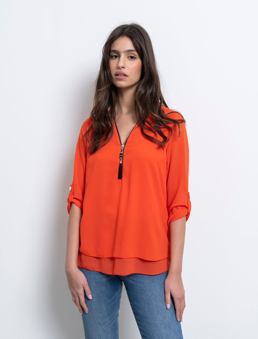 Casacca manica 3/4 con bottone e zip sul davanti. - Arancio