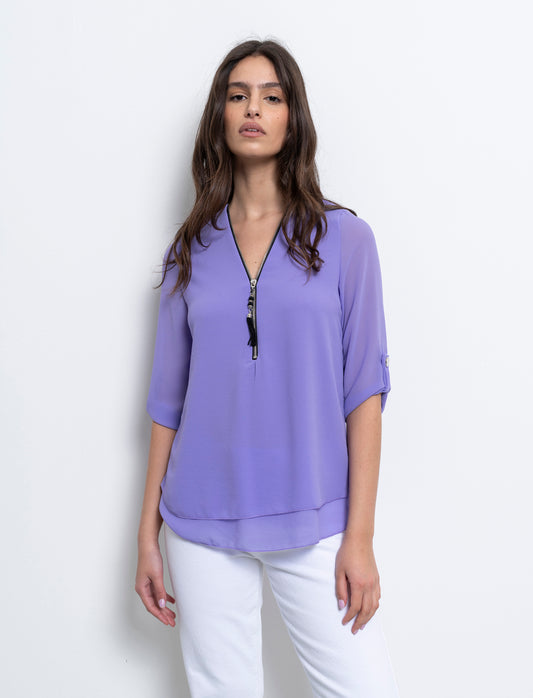 Casacca manica 3/4 con bottone e zip sul davanti. - Lilla